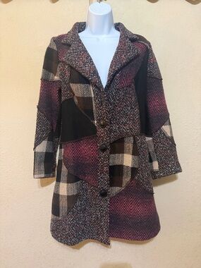 Hendi Patchwork Plaid Pea Coat in Purple and Black